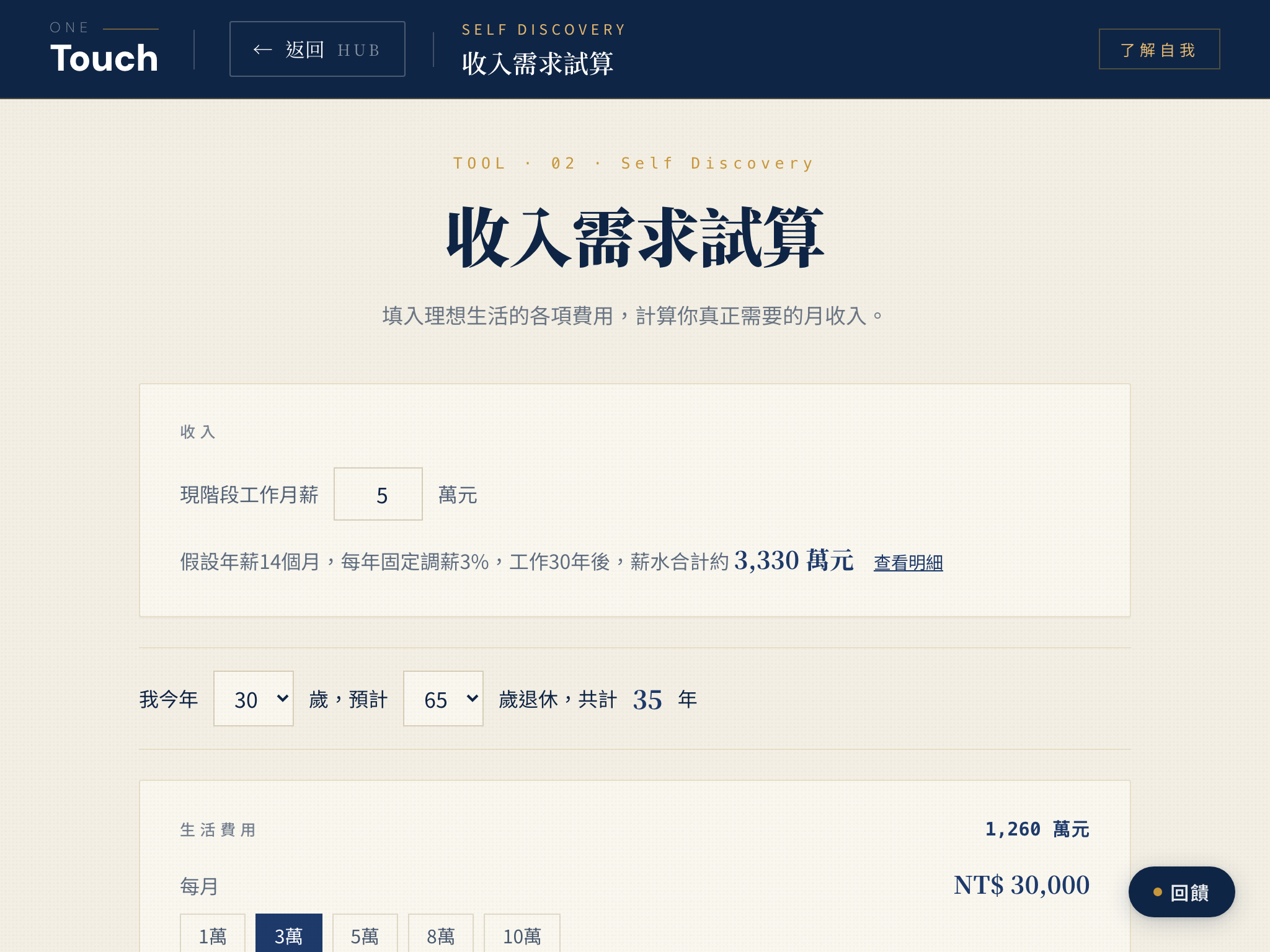 收入需求試算輸入畫面